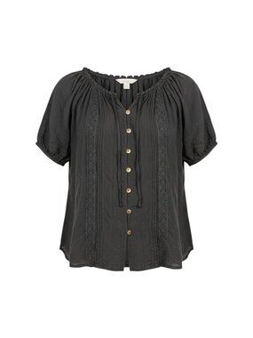 Rockmans Black Button-Up Short-Sleeve Blouse Lace Trim 14